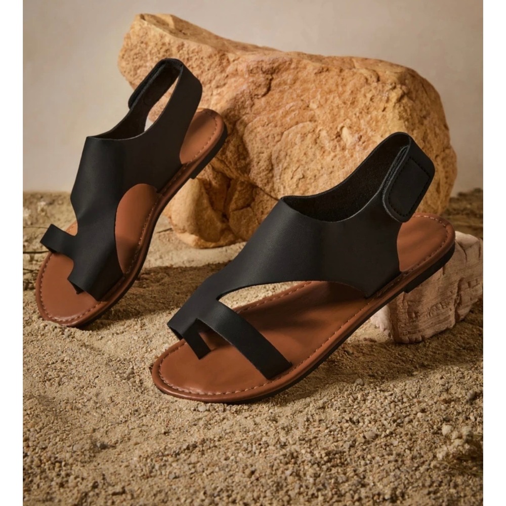 Women Black Minimalist Toe Loop Slingback Sandals Flat Comfort Shoes